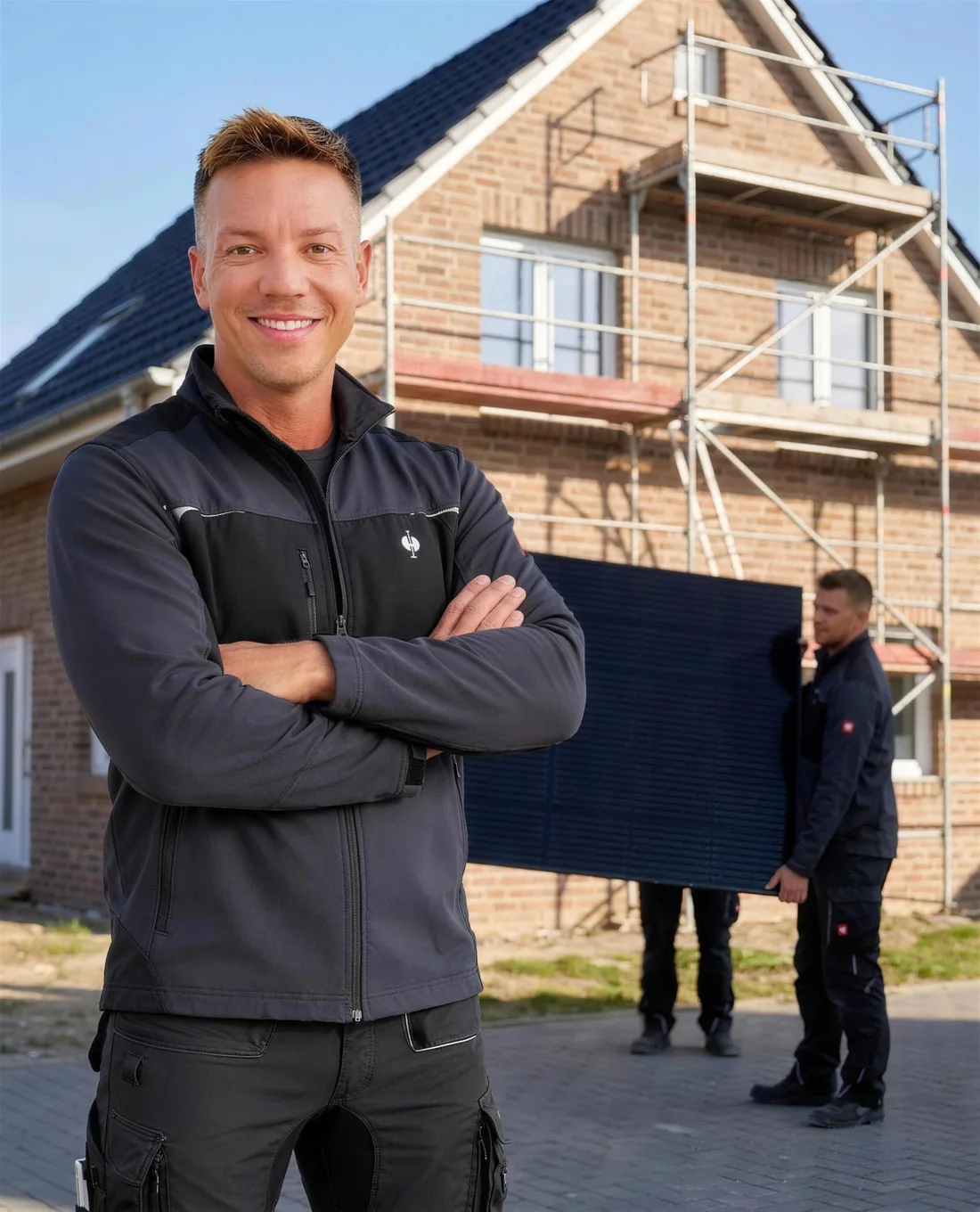 Mark Thomas Eiwendt mit seinem Montage-Team vor einer Baustelle
